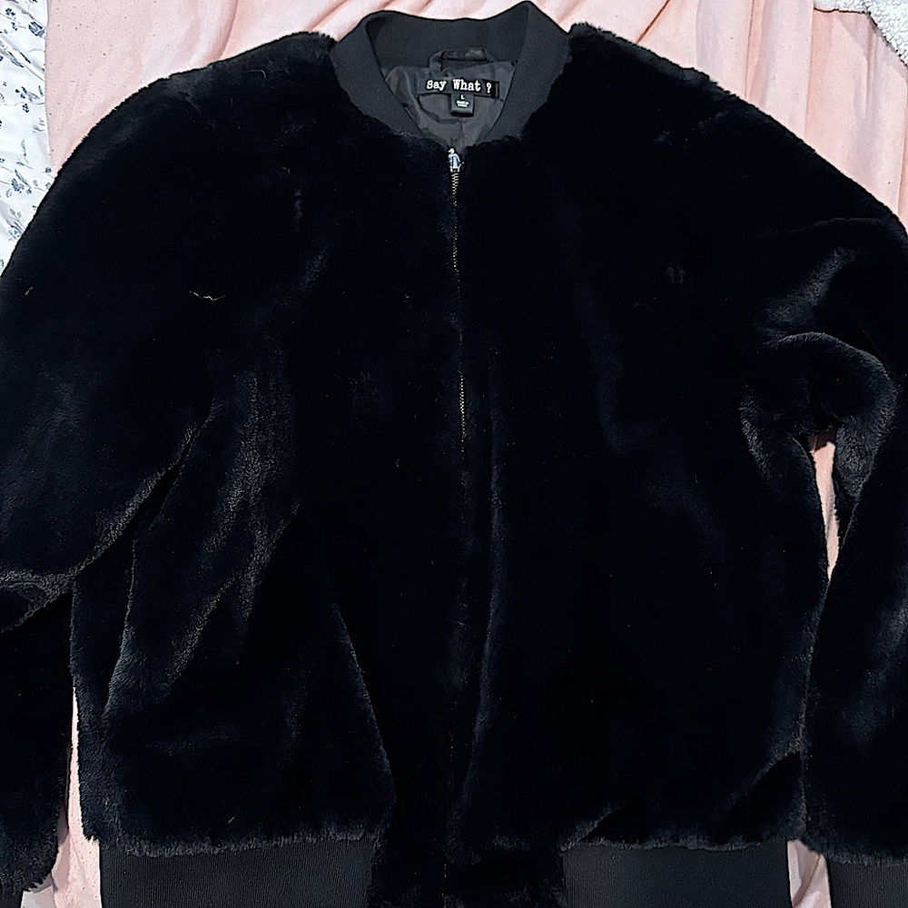 Black Faux Fur Zip Jacket Juniors